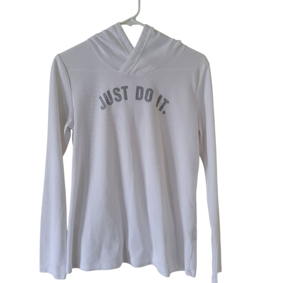 Nike Dri Fit Just Do It White Long Sleeve Hoodie - Picture 1 of 7
